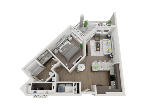 Floor plan for 1 bed, 1 bath, 667 sqft
